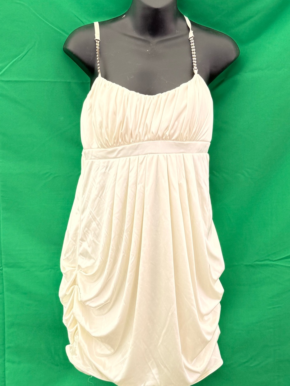 Y2K Cream Bubble Hem Mini Dress Rhinestone Straps Size M